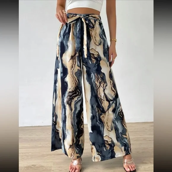 Boho Watercolor Abstract Print Wide Leg Palazzo Lounge Pants - Picture 1 of 7